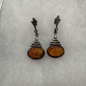 Sterling Silver Cabachon Honey Baltic Amber Earrings James Shay 925 Dangle 1.4”